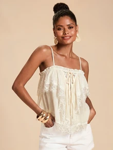 Travachic Women's Contrast Lace Ruffle Front Tie Fashion Camisole Top - Apricot - View 3