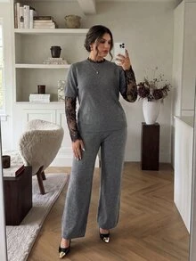 Firerie Women's 2 Pieces Knit Set With Lace Patchwork Round Neck Short Sleeve Textured Sweater And Draped Long Pants Winter - Grey - View 6