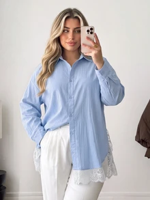 Franclia Plus Size Women's Elegant Solid Color Long Sleeve Lace Trim Patchwork Loose Fit Spring Autumn Blouse - Blue - View 3
