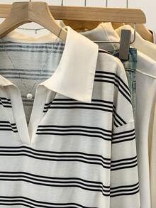 Écloséra Curve Elegant Vintage Striped Collared Knit Long Sleeve Plus Size T-Shirt - Black and White - View 4
