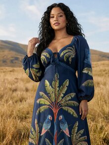 CAJUNI Plus Size Women's Vacation Palm Tree Print Front Tie Long Sleeve Elegant Dress - Blue - View 6
