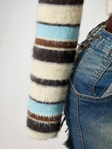 Mistrie Y2K Asymmetrical Shoulder Colorblock Striped Fuzzy Cropped Long Sleeve Knit Sweater - Blue - View 8