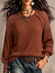 SHEIN LUNE CURVE Women's Round Neck Lace Patchwork Long Sleeve Sweatshirt, Casual Outing Top, Autumn/Winter Fall - Redwood - View 3