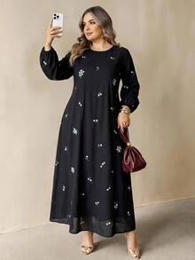 SHEIN CURVE+ Plus Size Round Neck Lantern Sleeve Long Sleeve Floral Print Dress Fall - Multicolor - View 8