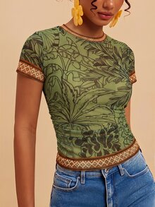 Travachic 女款棕櫚樹印花圓領短袖修身上衣 - 彩色 - 查看 5