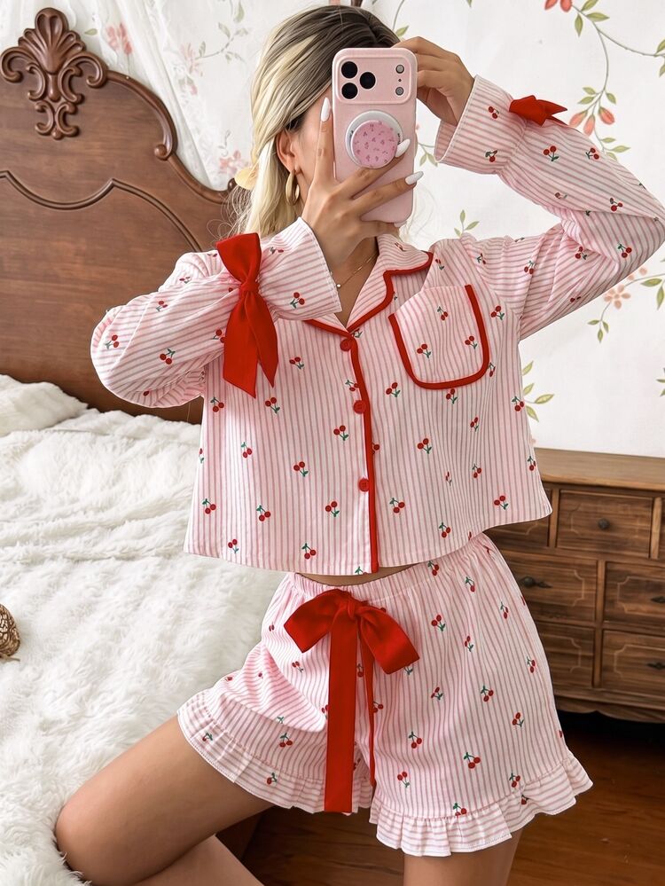 CottageSlumber Cute Bowknot Ruffle Heart Stripe Long Sleeve Loungewear - Multicolor - View 6