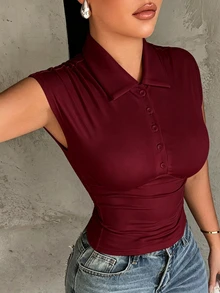 SHEIN SXY 大尺碼女款純色鈕扣半開襟修身休閒上衣 - 酒紅色 - 查看 4