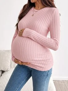 SHEIN Maternity Solid Color Round Neck Long Sleeve Ribbed T-Shirt - Pink - View 8