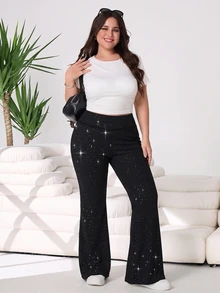 Solflare Plus Size Women's High Waist Casual Versatile Daily Flare Pants - Black - View 4
