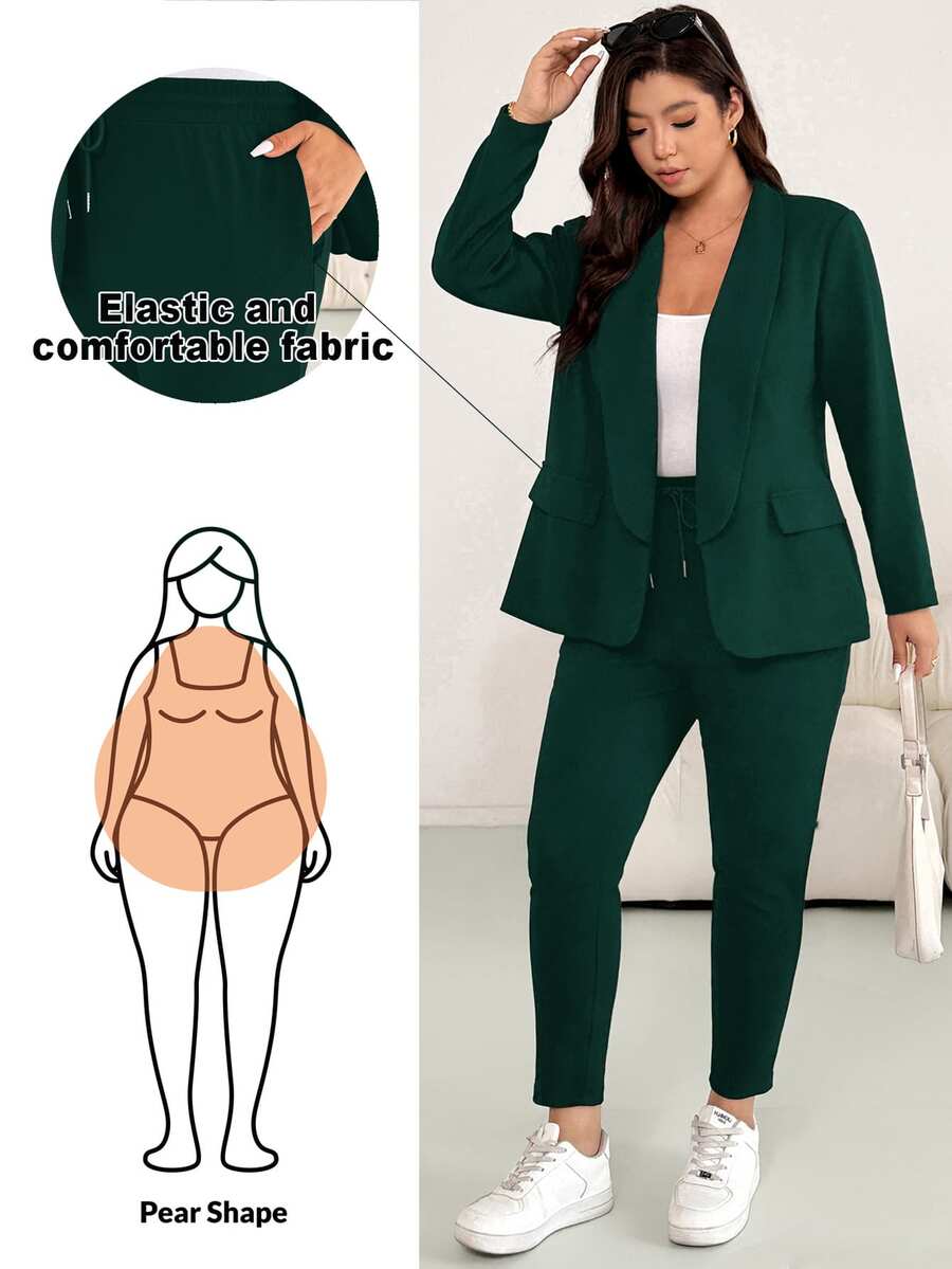 Shapeblank Plus Size Women Solid Color Shawl Collar Long Sleeve Jacket And Pants Casual 2 Pieces Set - Dark Green - View 1