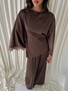 Aloruh Women's Solid Color Contrast Lace Cuff Asymmetric Hem Blouse And Pants Elegant 2 Pieces Set - Mocha Brown - View 1