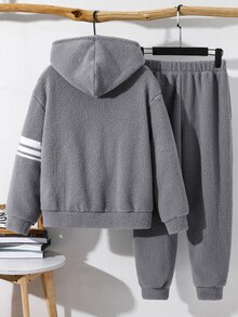 SHEIN 青少年男孩休閒舒適百搭連帽衫與長褲套裝，適合外出、上學與旅行 - 灰色 - 查看 2