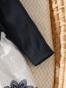 SHEIN 2件組新生兒鏤空刺繡洋裝與髮帶套裝，甜美小披肩二合一開襟公主洋裝附髮帶，秋季度假出遊穿搭 - 藏蓝色 - 查看 8