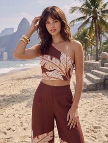 CAJUNI Chic Vacation Brown Ornament Palm Tree Knit Top And Pants Coord - Brown - View 5