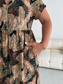 Shapeblank Plus Size Button Half-Placket Tropical Plant Print Pocket Dress - Black - View 6