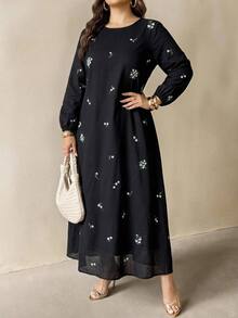 SHEIN CURVE+ Plus Size Round Neck Lantern Sleeve Long Sleeve Floral Print Dress Fall - Multicolor - View 6