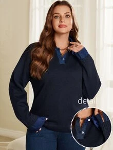 EMERY ROSE Women's Plus Size Lapel Collar Patchwork Blue Pullover Sweater Winter - Blue - View 6