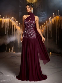 Glamrae Elegant Plum Purple Sequin Embroidered Mesh Strapless A-Line Evening Gown With Flutter Sleeves - Dark Purple - View 6