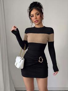 SHEIN Elenzya Women's Colorblock Round Neck Long Sleeve Top And Metal Decor Bodycon Skirt Elegant Set - Black - View 3