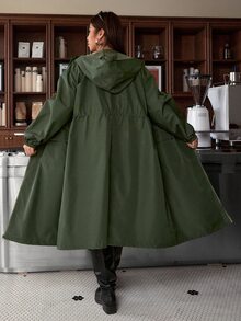 Muchica Jaket Berkerudung Kasual Serbaguna untuk Pemakaian Sehari-hari, Warna Polos Ukuran Besar dengan Lipatan - Hijau Tentara - View 1