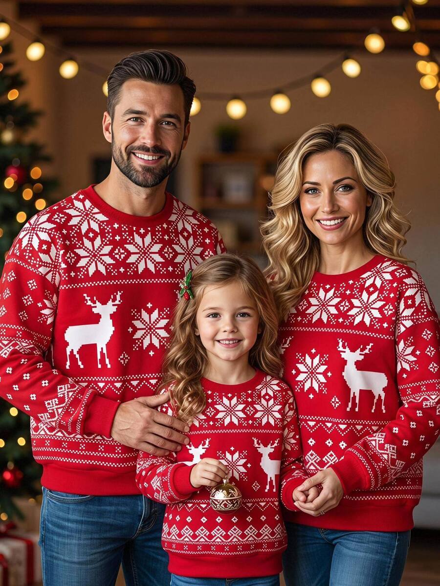 SHEIN Tween Girls Christmas Reindeer Fair Isle Pattern Printed Thick Crew Neck Loose Thermal Lined Long Sleeve Sweatshirt Family Matching - Red and White - View 1