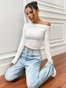 Flirla 女款素色不對稱肩長袖抓皺修身時尚T恤 - 白色 - 查看 4