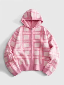 ROMWE MEN Men's Casual Streetwear Rose Red Plaid Hooded Cardigan Sweater - Pink - View 1