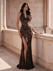 Coutiva Women's Lace Side Slit Hemline Glamorous Halter Neck Formal Evening Gown - Coffee Brown - View 1