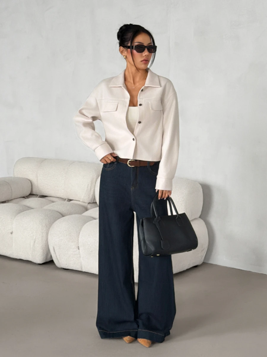 SHEIN PETITE Flap Pocket Drop Shoulder Button Front Overcoat In Fall/Winter Casual - Apricot - View 1