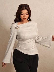 Elaquor Plus Size Women's Metal Decor Asymmetric Collar Bell Sleeve T-Shirt Elegant T-Shirt For Women Fall/Winter Elegant Office Teacher T-Shirt For Women - Apricot - View 1