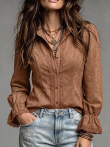 LUMIGAL Women's Autumn/Winter Long Sleeve Patchwork Lace Elegant Fashion Blouse - Brown - View 5