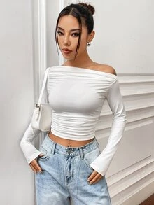 Flirla 女款素色不對稱肩長袖抓皺修身時尚T恤 - 白色 - 查看 6