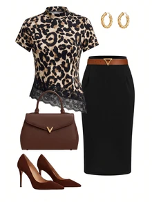 SHEIN Clasi Women's Leopard Print Contrast Lace Hem Top And Skirt Elegant 2 Pieces Set - Multicolor - View 1