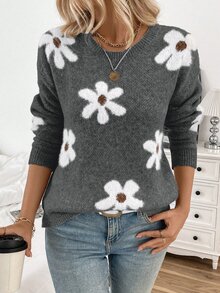 EMERY ROSE 女款休閒毛絨花卉圖案圓領落肩長袖秋冬針織套頭毛衣 - 彩色 - 查看 5