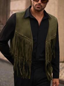 HIMLAND Men's Solid Color Tassel Design Casual Versatile Vest Jacket - Army Green - View 5