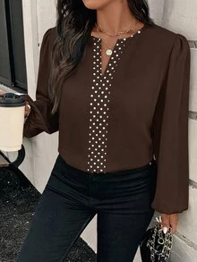 EMERY ROSE Plus Size Women Polka Dot Pattern Cutout V-Neck Lantern Sleeve Elegant Blouse - Brown - View 4
