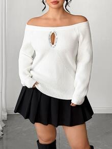 Elenzga Plus Size Off-Shoulder Rhinestone Hollow-Out Ribbed Knit Sweater Fall - Beige - View 3