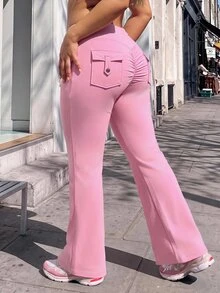 SHEIN Sovereign Charm Women's Plus Size Pocket Flare Leggings - Pink - View 1