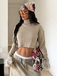 StreetHx Women's Cable Knit High Neck Drop Shoulder Long Sleeve Cropped Sweater - Camel - View 3