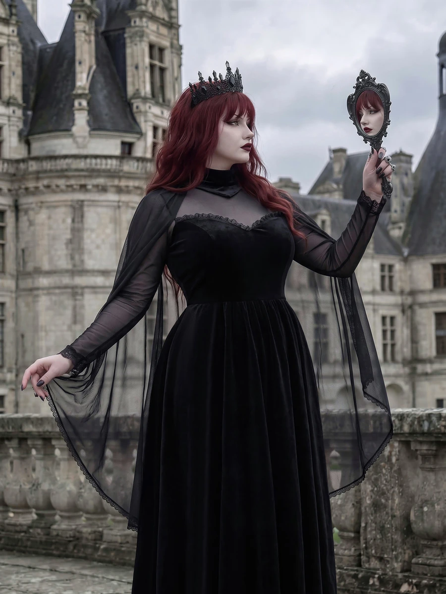 Whyspr European Women's Plus Size Black Mesh Shawl Strapless A-Line Velvet Long Slimming Party Evening Dress Halloween