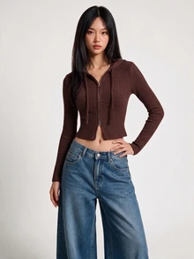 Rina Fox New Arrival Ribbed Knit Zip Up Hooded Crop Jacket, 3D Tailoring Slim Long Sleeve Outerwear - Brown - View 7