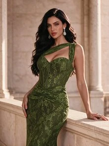 Coutiva Women's One Shoulder Lace Ruffle Mermaid Hem Sleeveless Elegant Formal Formal Prom Event Evening Gown (Heavy Embellished) Wedding Olive Green Winter - Army Green - View 5