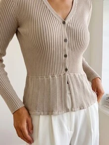 Sprig & Strand Women's Solid Color Long Sleeve Single-Breasted Knit Cardigan - Khaki - View 1
