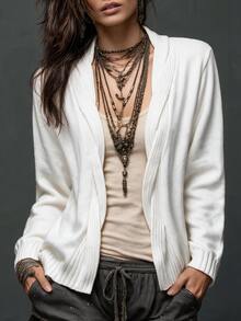Omancia Elegant Oversized Cable Knit Long Sleeve Cardigan For Women - White - View 3