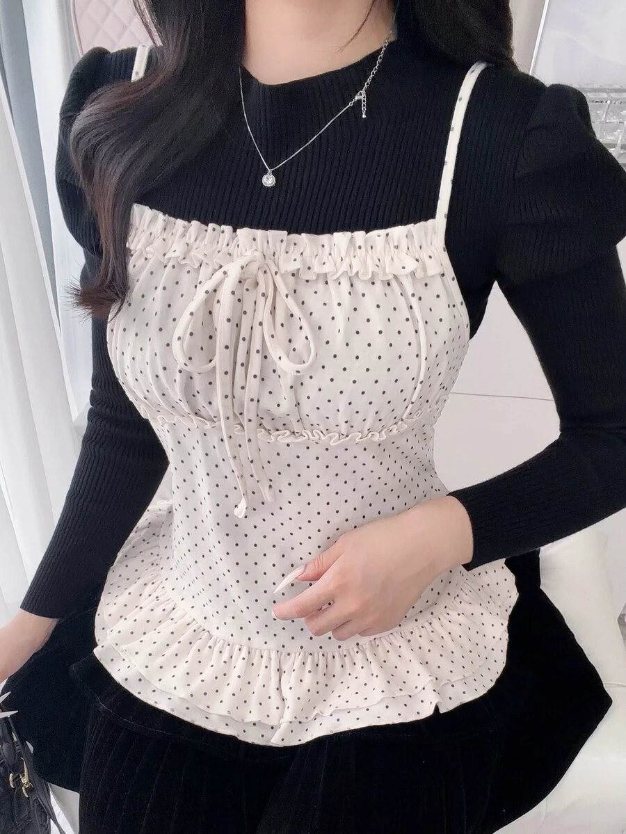 FRIFUL 女款夏季休閒波點印花細肩帶背心 - 白色 - 查看 1