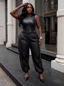 Slaydiva Black Faux Leather Side Hollow Lace Cargo Jogger Pants Plus Size - Black - View 11