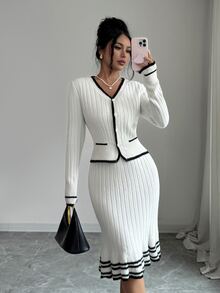 Elenzga Women's French Elegant Beige & Contrast Color Trim Knit Cardigan & Pleated Bodycon Knit Skirt 2 Pieces Set - Beige - View 1