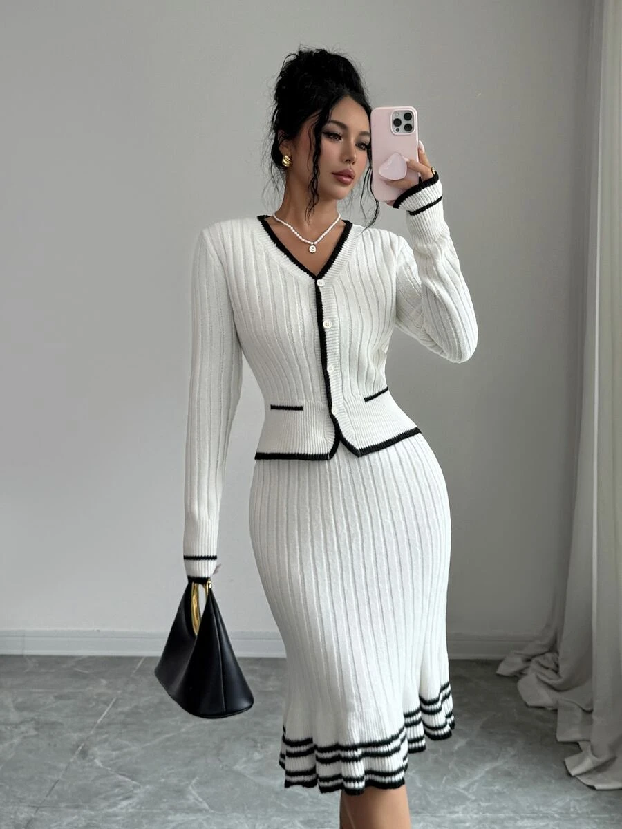 Elenzga Women's French Elegant Beige & Contrast Color Trim Knit Cardigan & Pleated Bodycon Knit Skirt 2 Pieces Set - Beige - View 1