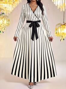 Fleurora Plus Size Women's Elegant Striped Dress With Overlap V-Neck And Waist Tie Fall - Black and White - View 5