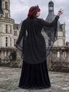 Whyspr European Women's Plus Size Black Mesh Shawl Strapless A-Line Velvet Long Slimming Party Evening Dress Halloween - Black - View 4